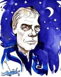Mark Haddon, English novelist; caricatured with reference to his novel The Curious Incident of the Dog in the Night-Time